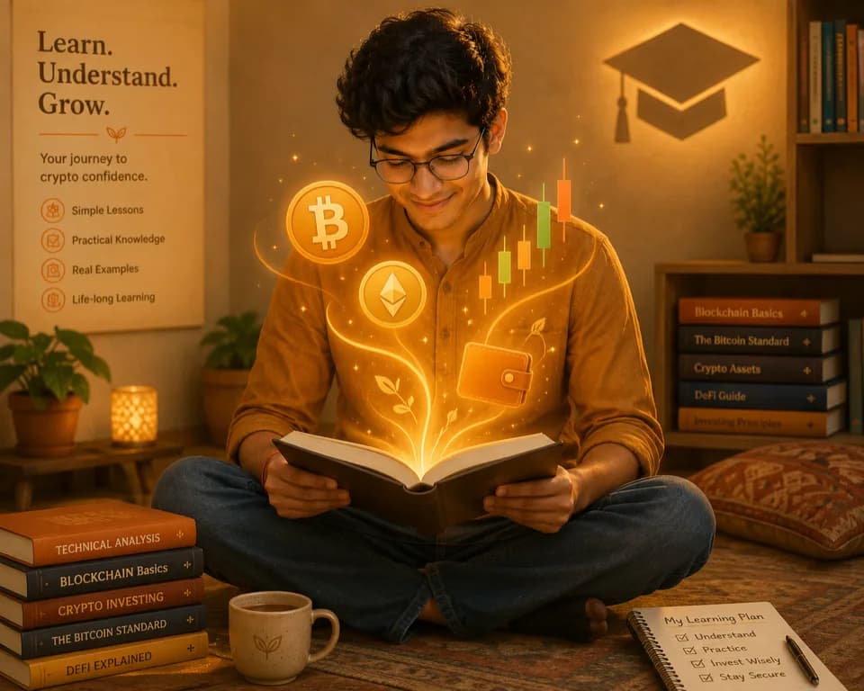 Indian student crypto सीखते हुए floating coin symbols के साथ