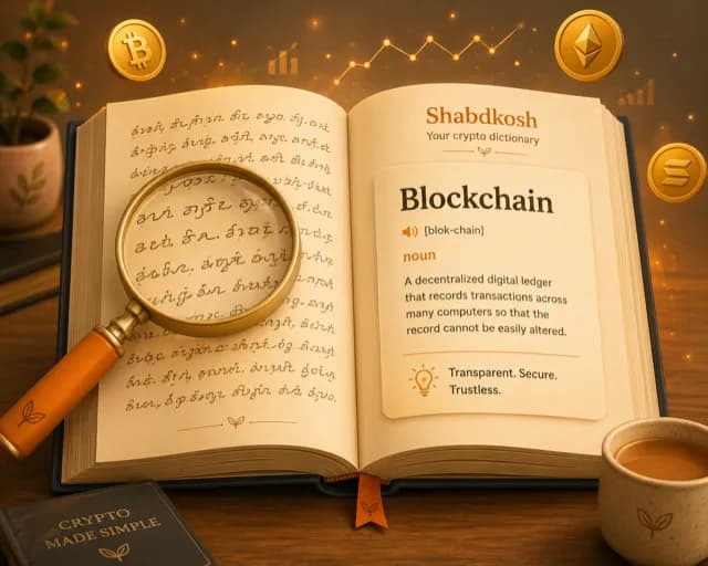 Open dictionary with magnifying glass — crypto terms in Hindi and English