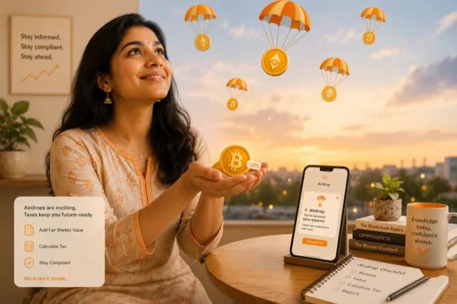 Indian person catching coins falling on saffron parachutes — airdrop metaphor