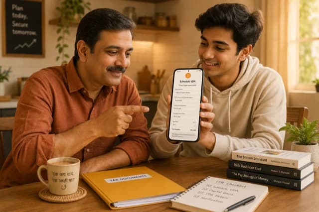 Indian father and son filing ITR together at a kitchen table