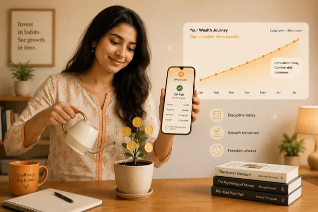 Indian woman watering a growing money plant — SIP growth metaphor