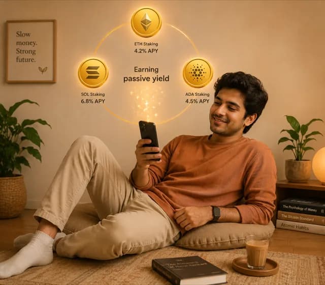 Indian man relaxing with staking rewards orbiting overhead