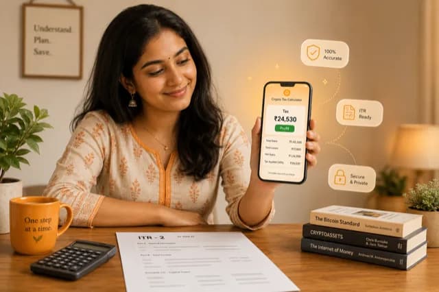 Indian woman reviewing her crypto tax calculation result on phone