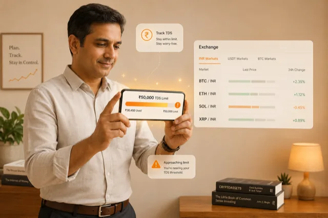 Indian man tracking his TDS threshold progress on phone