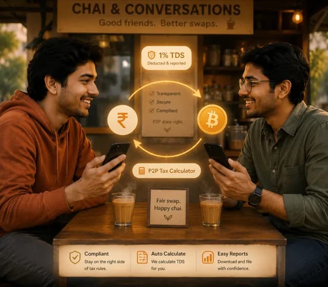 Two Indian friends doing a P2P crypto swap across a chai stall